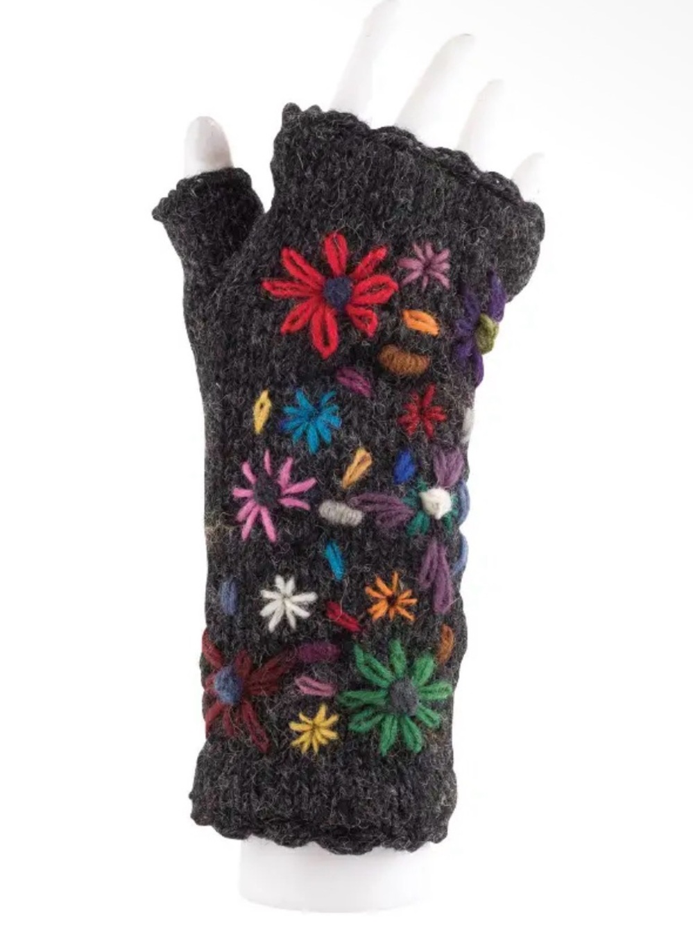 Handcrafted Dark Gray Charcoal Floral Embroidered Wool Fingerless Gloves